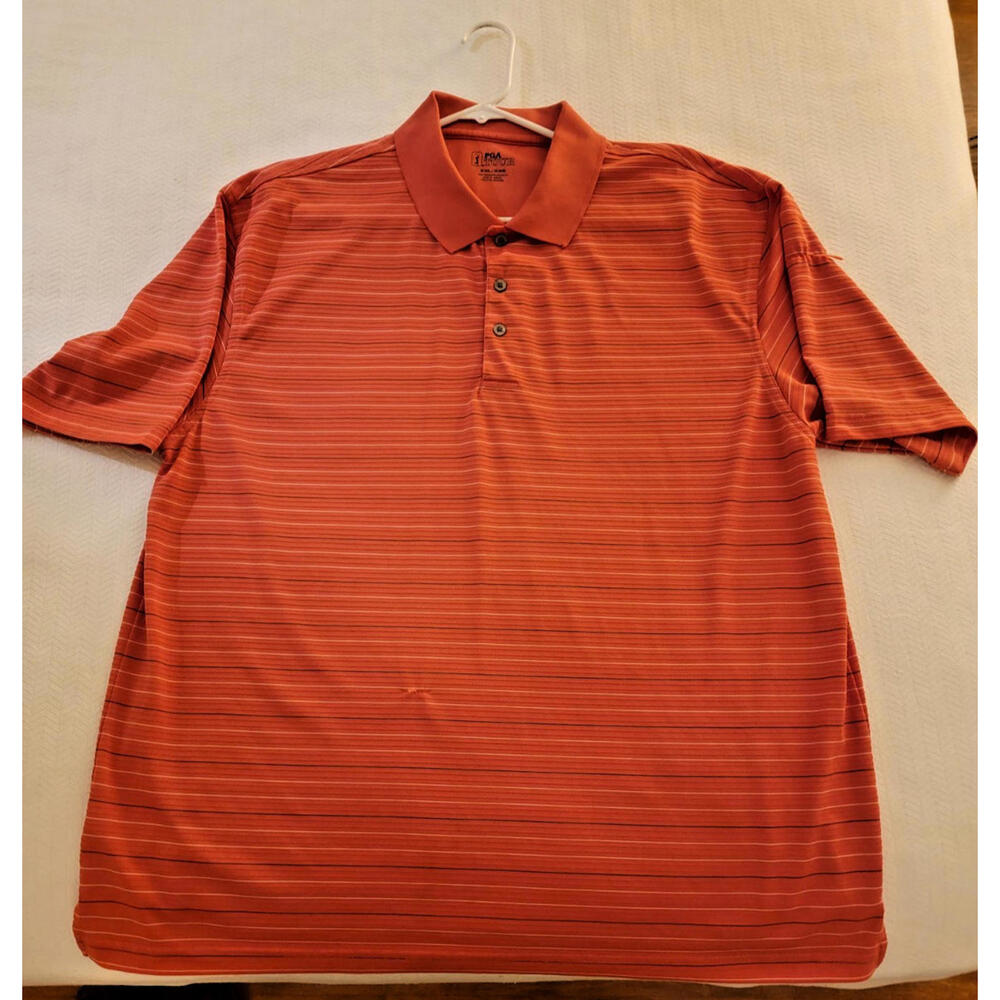 PGA TOUR Orange Striped Polo Shirt XXL 100% Polyester breathable Short Sleeve.